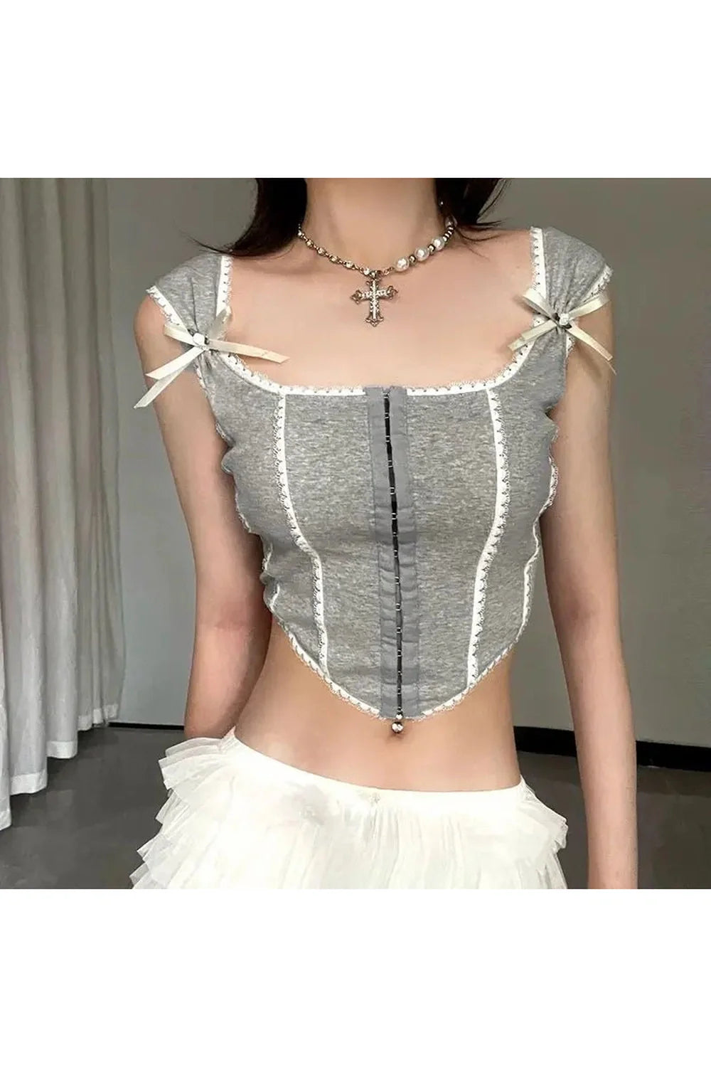 Gray Sweet Bowknot Corset Crop Top, charming design.