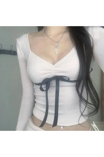 Pink Sweet Contrast Ribbon Crop Top, charmingly distinctive.