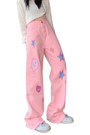 Pink Y2K jeans with fall-themed embroidery.