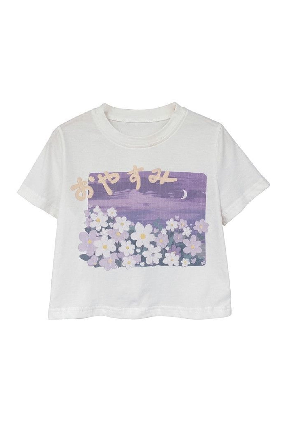 White short-sleeve floral tee with sweet design.