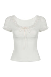 Sweet Lace Bow Top in White, featuring delicate lace.