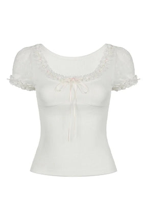 Sweet Lace Bow Top in White, featuring delicate lace.