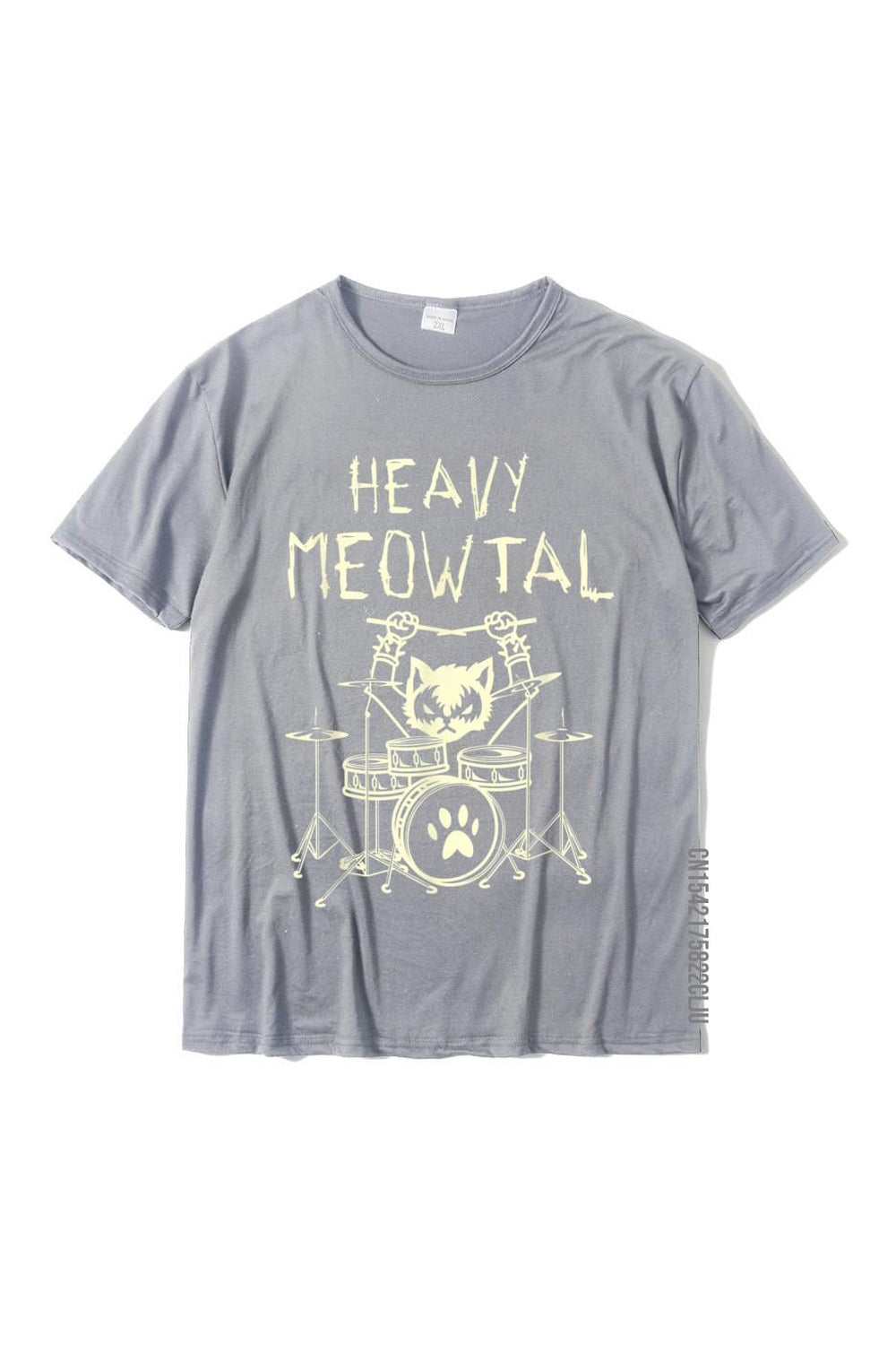 Gray T-Shirt "HEAVY MEOWTAL" conveys feline fierceness.