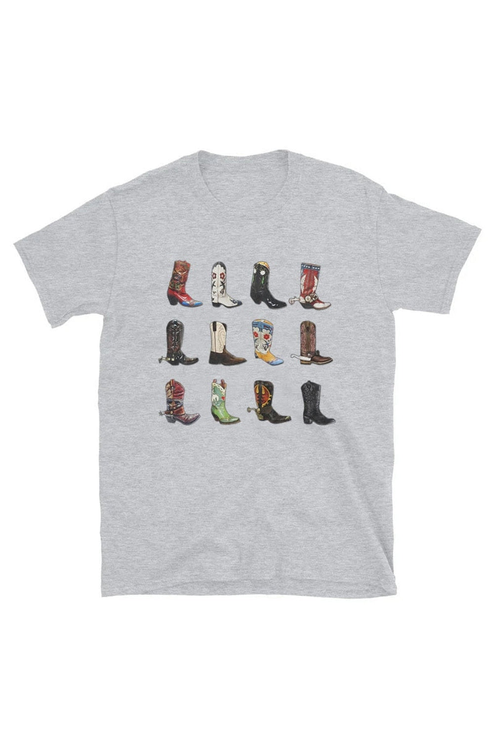 Gray T-shirt featuring stylish boots print.