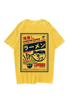 Yellow 2 T-shirt with playful puffer fish design.