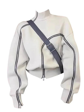 Beige Techwear Zip-Up High Neck Sweater with zipper.