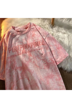 Pink tie-dye T-shirt with embroidery letter design.