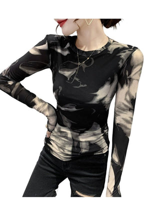 Trendy Black Tie Dye Mesh Tee, slim-fit.