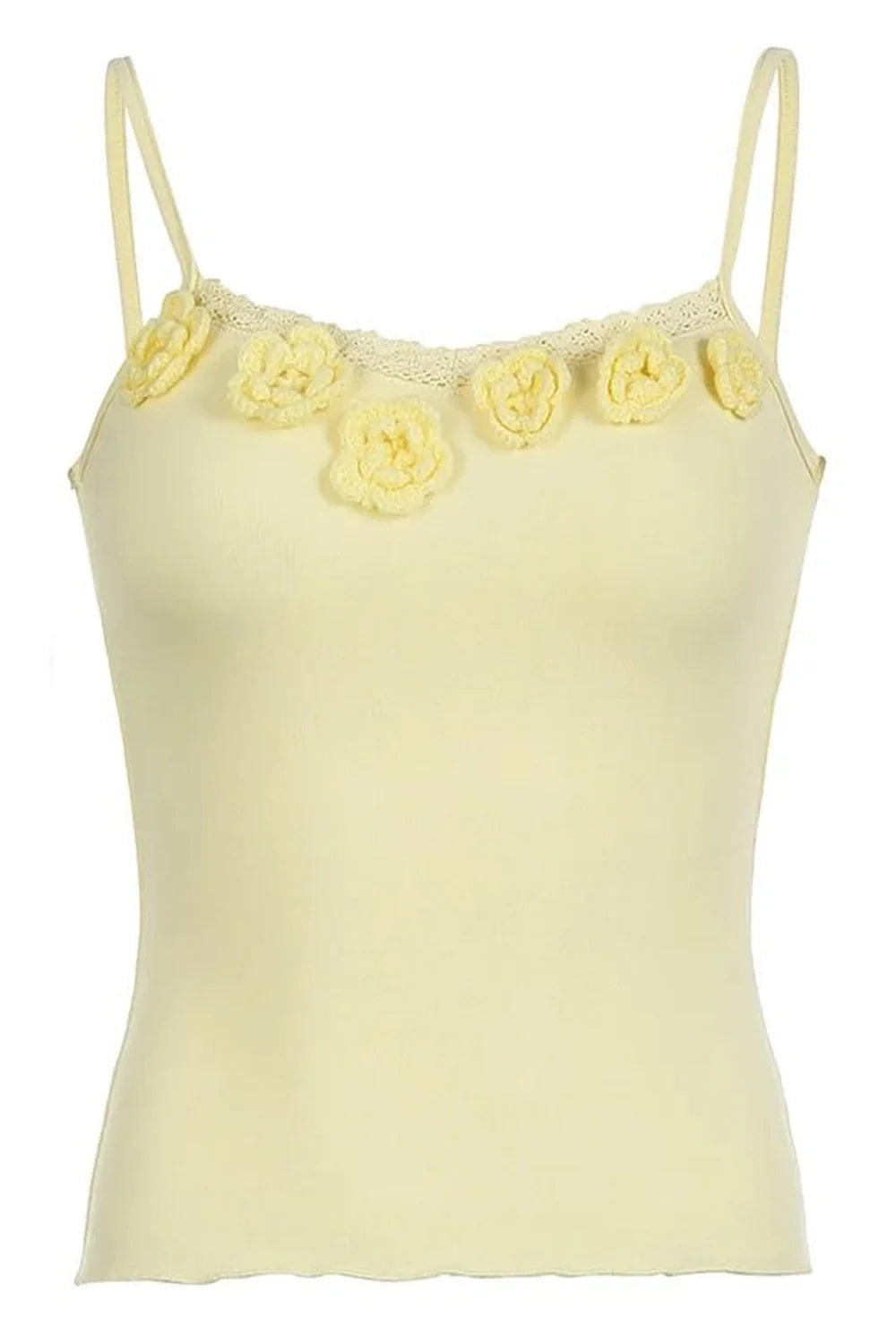 Yellow Tie-Flower Lace Cami Top, delicate and stylish.