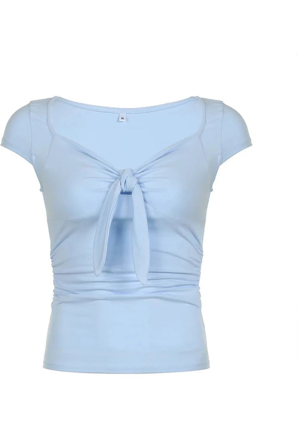 Blue Tie-Front Ruched Crop Top: Casual yet stylish.