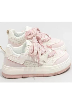 Stylish Tweed & Pink Ribbon Sneakers in Pink.