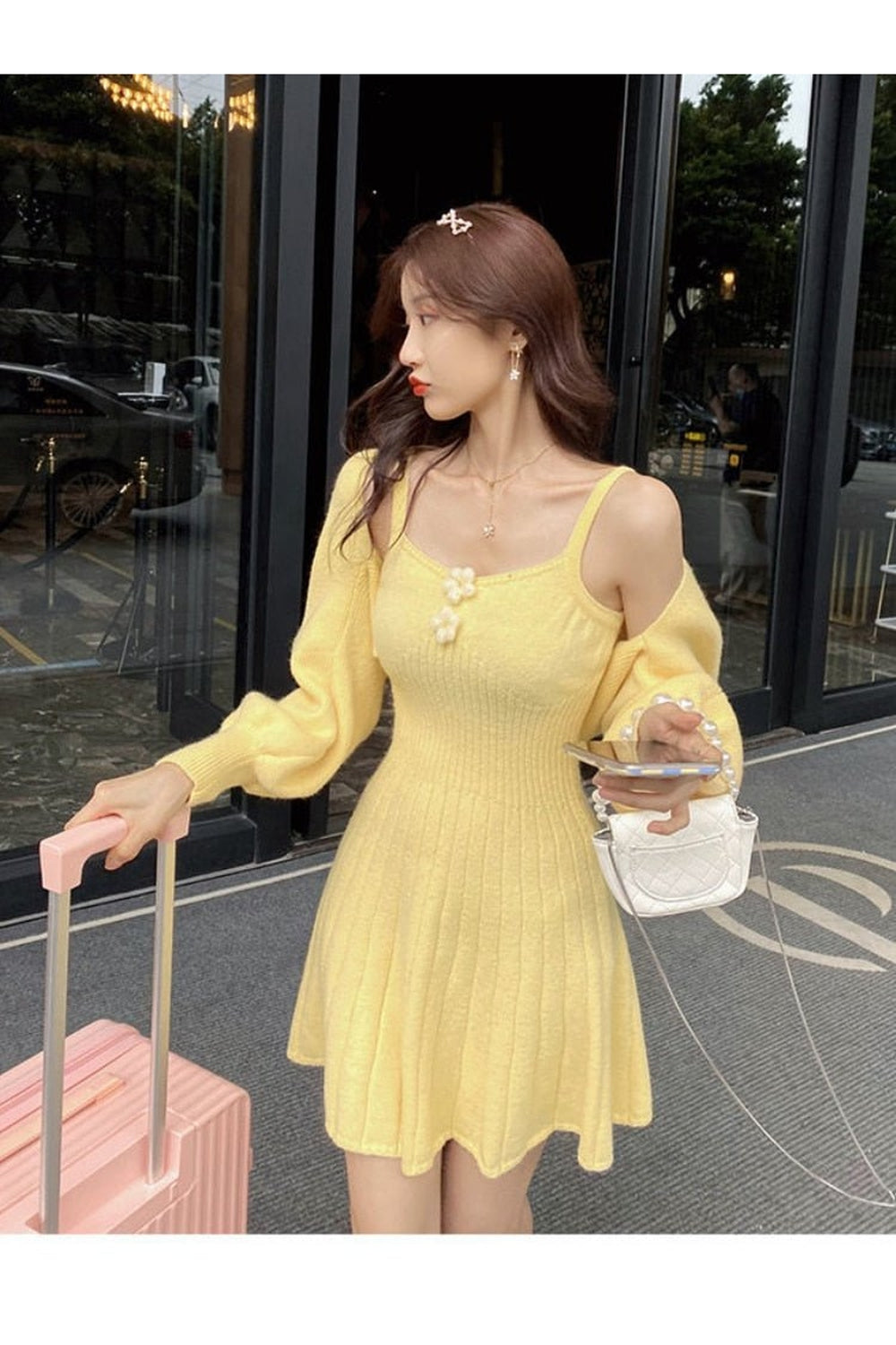 Yellow Two Piece Knit Dress ensemble.