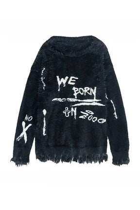 Soft fuzzy graffiti sweater in sleek black.