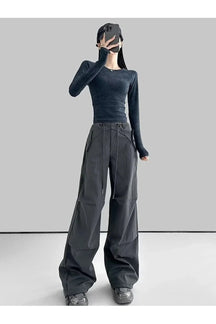 Black Urban Utility Wide-Leg Cargo Pants with pockets.