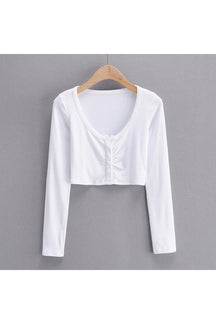 White V-neck long sleeve top, elegant and versatile.