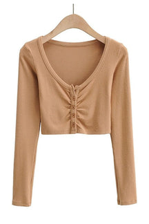 Khaki V-neck Long Sleeve Top for women.