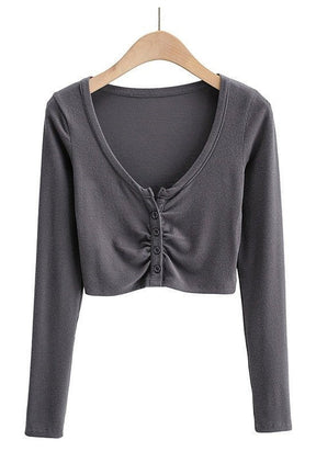 Charcoal grey V-neck top for women.