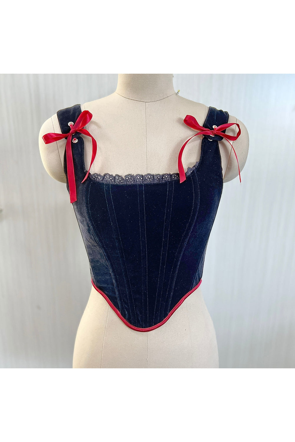 Black Velvet Corset Tank Top with Ribbon Accents.