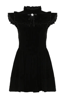 Black Velvet Ruffle Princess Mini Dress - Elegant.