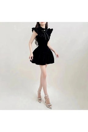 Black Velvet Ruffle Princess Mini Dress - Elegant.