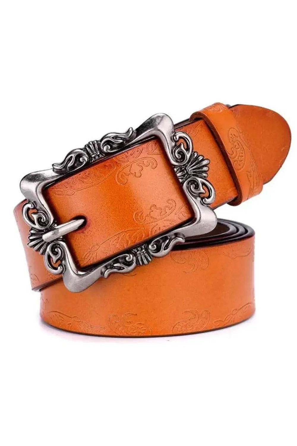 Orange Victorian Embossed Buckle Belt with intricate design.