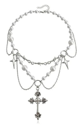 Victorian Gothic Rosary Pearl Necklace variant A: Elegant, vintage-inspired pearl necklace with gothic charm.