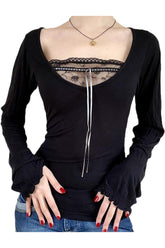 Vintage Black Long Sleeve Crop Top, As photo shows: Stylish.