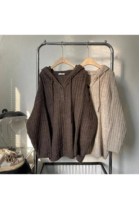 Fall Vintage Brown Knit Hoodie Sweater