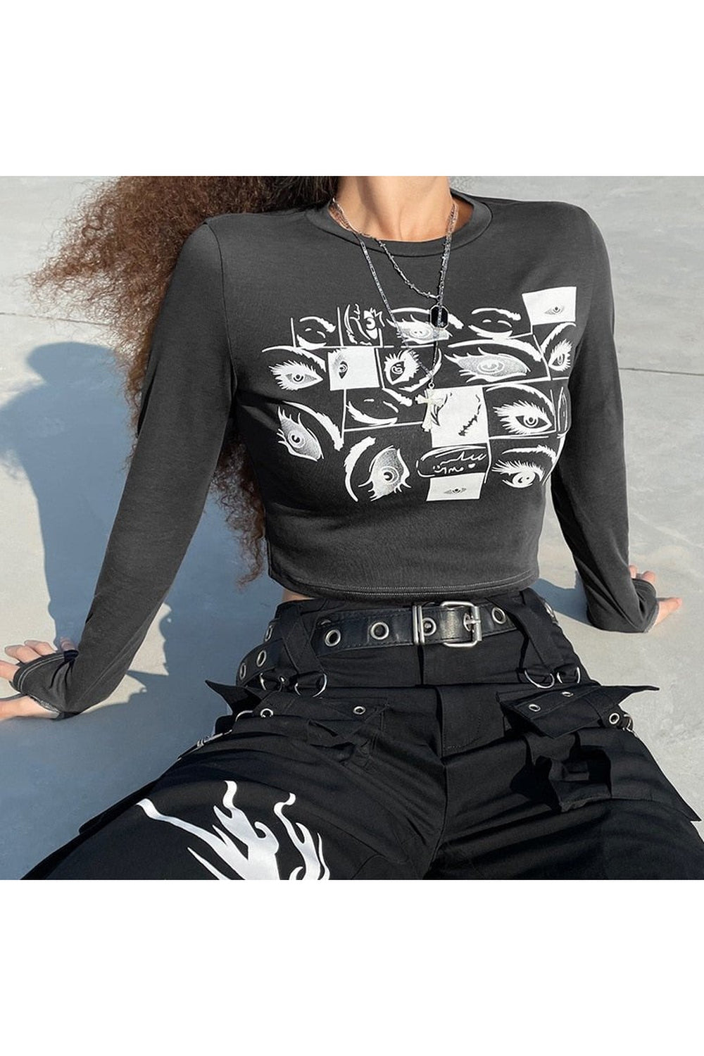 Dark Grey Vintage Eyes Print Crop Top with y2k aesthetic.