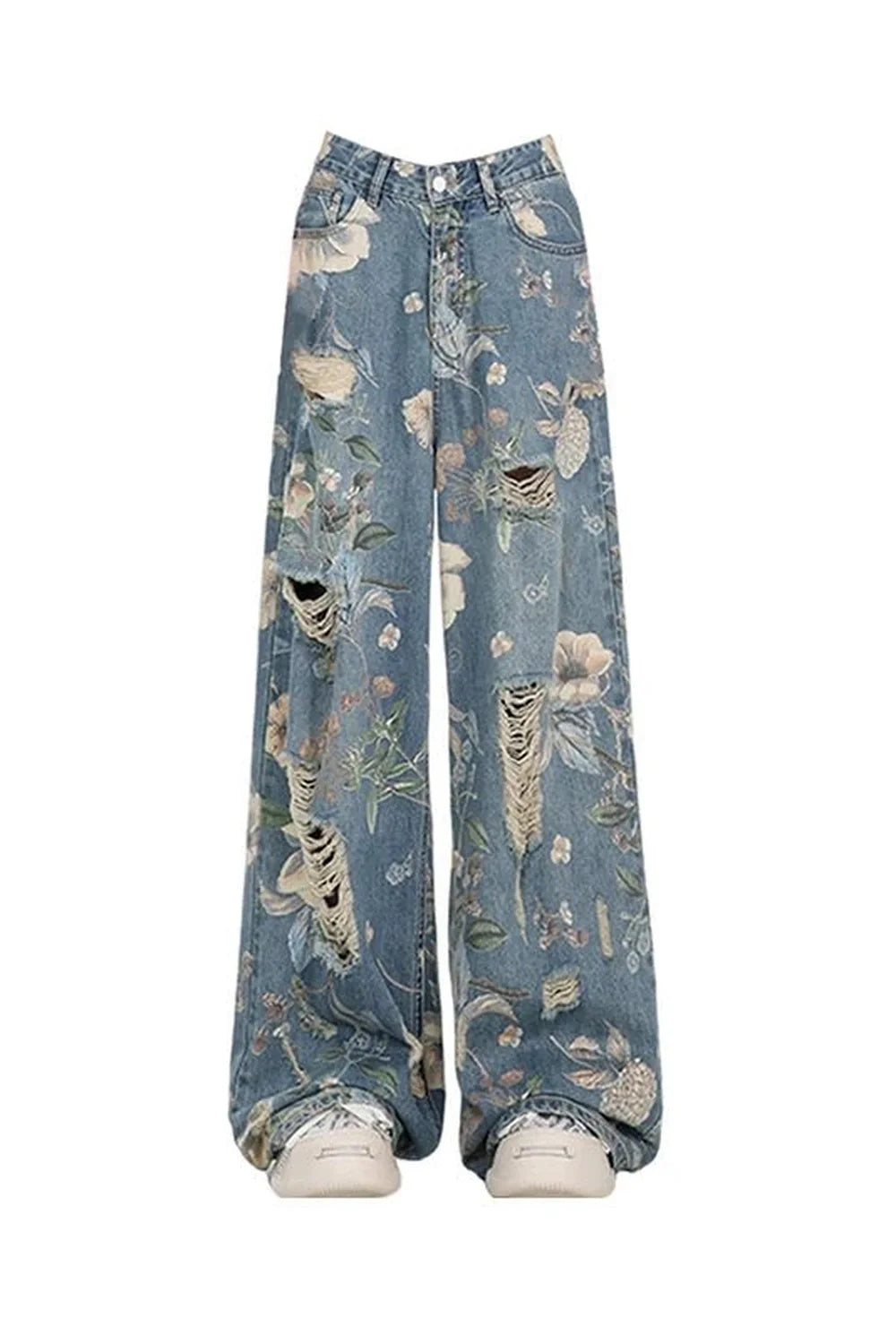 Blue vintage floral wide-leg jeans portray elegance.