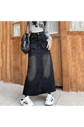 Vintage High Waist Denim Skirt in Black with Buttons.