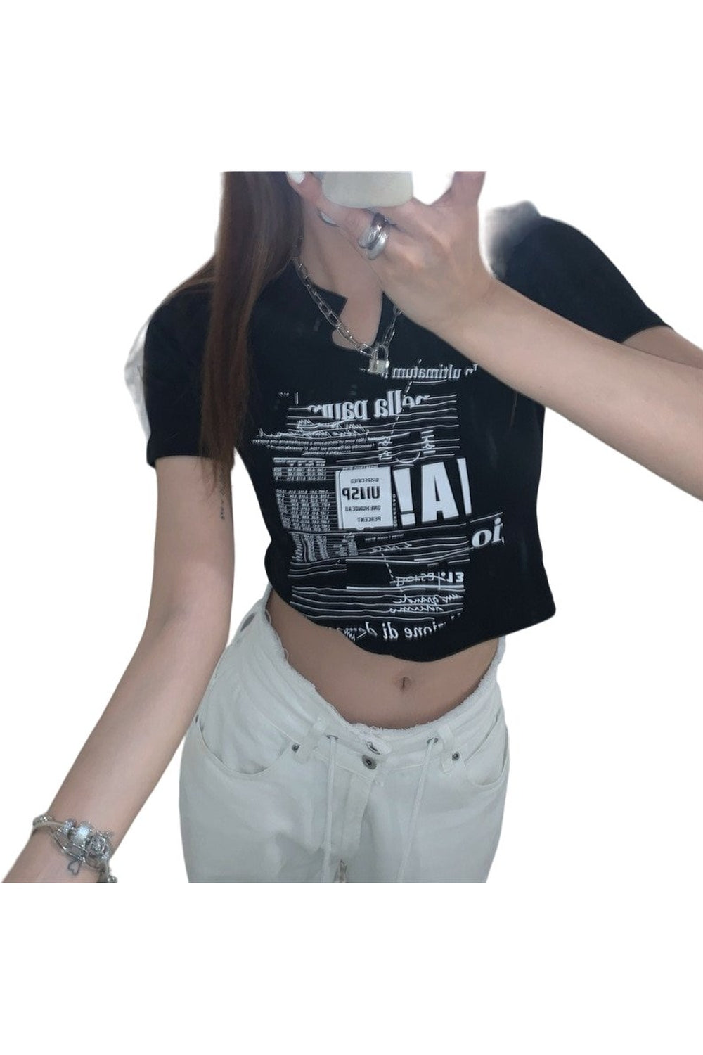 Vintage Letter Print Crop Top in Black, edgy.