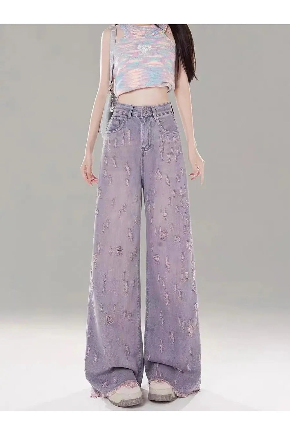 Vintage Lilac Distressed Wide-Leg Jeans in PURPLE.