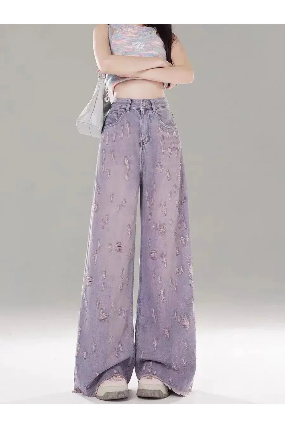 Vintage Lilac Distressed Wide-Leg Jeans in PURPLE.