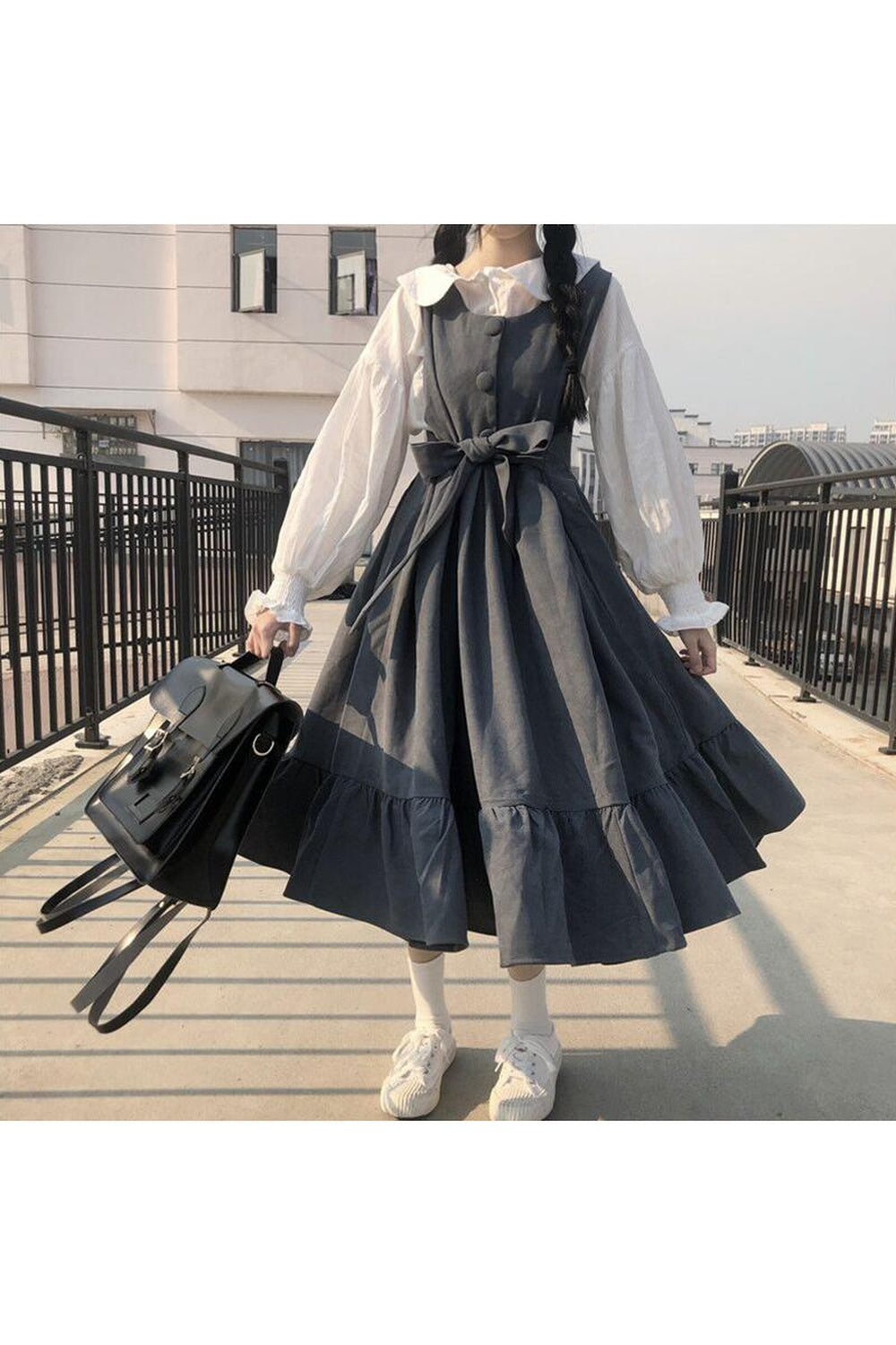 Vintage Kawaii Style Dark Dress in gray, charmingly retro.