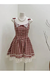 Red Vintage Plaid Lace Mini Dress exudes elegance.