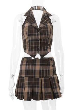 Vintage Plaid Two-Piece Set Skirt Top