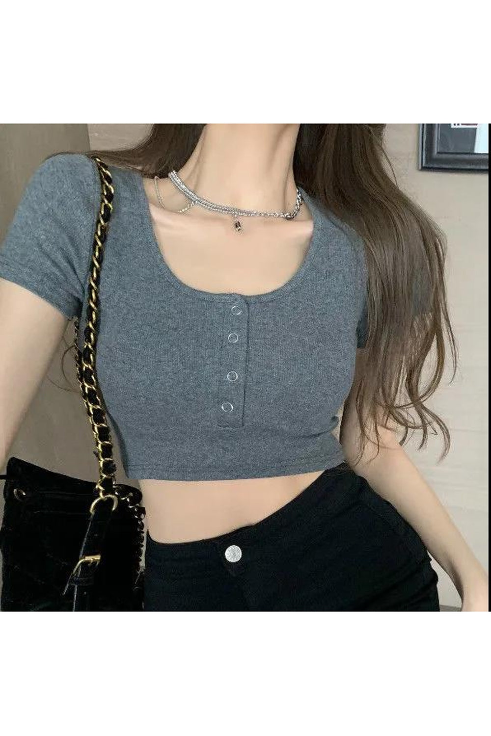 Vintage Solid Crop Top T-Shirt in Gray, chic.