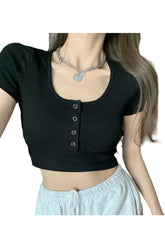 Vintage Solid Crop Top T-Shirt in Black, chic.