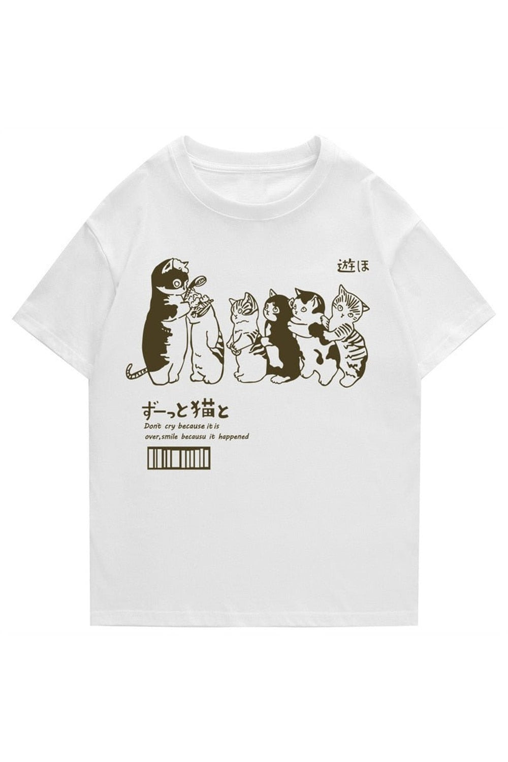 White vintage t-shirt featuring kawaii cats print.