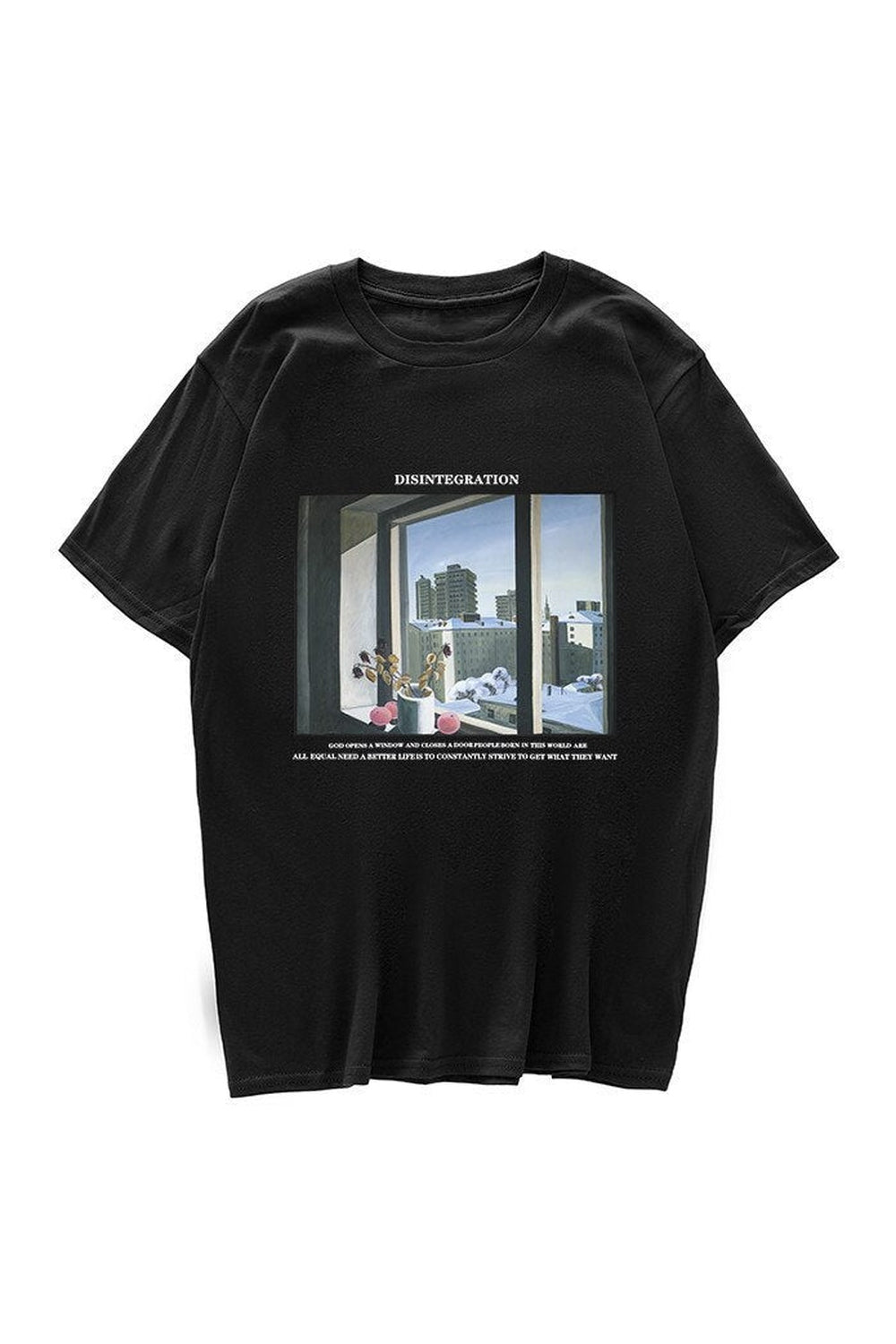 Vintage black T-shirt featuring window print design.