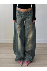 Baggy Blue Fall Vintage Washed Jeans, trendy.