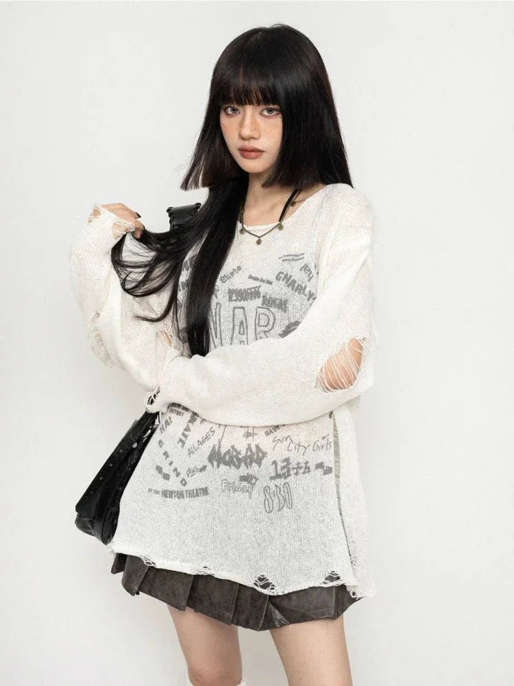 White Void Riot Distressed Sweater - Edgy and stylish.