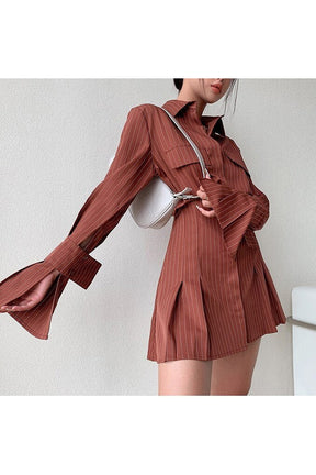 Striped Waist Flare Shirt Dress with elegance.