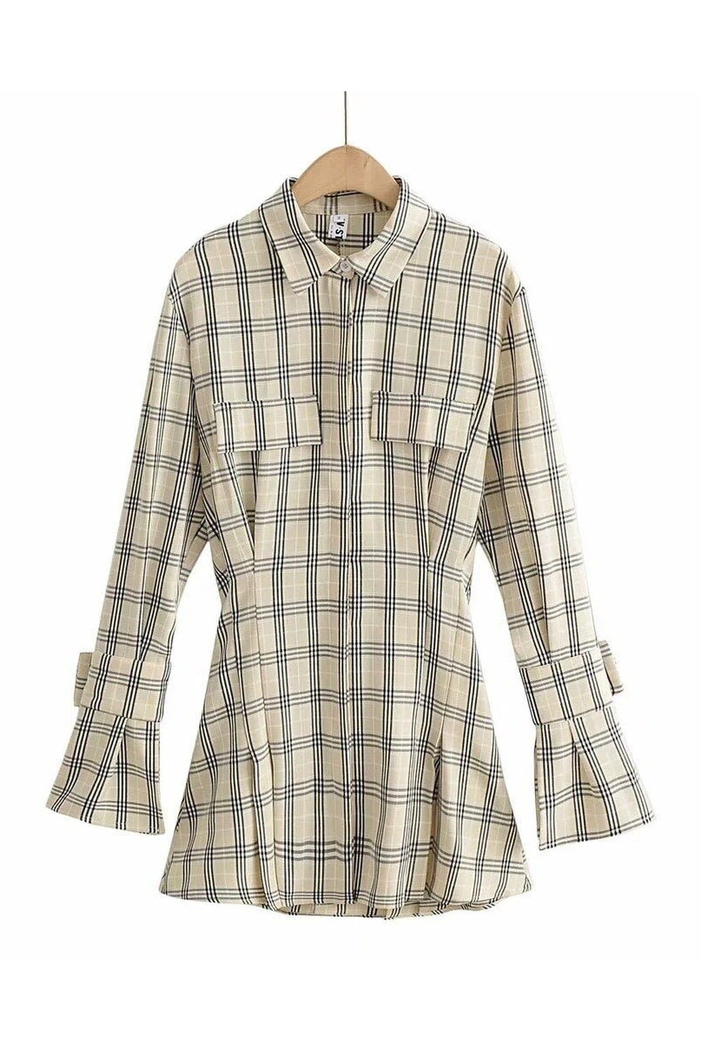 Stylish plaid Waist Flare Shirt Dress.