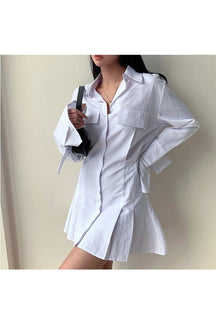 White Waist Flare Shirt Dress elegantly styled.