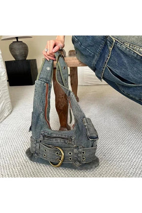 Washed Denim Buckle Shoulder Bag