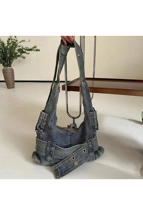 Washed Denim Buckle Shoulder Bag