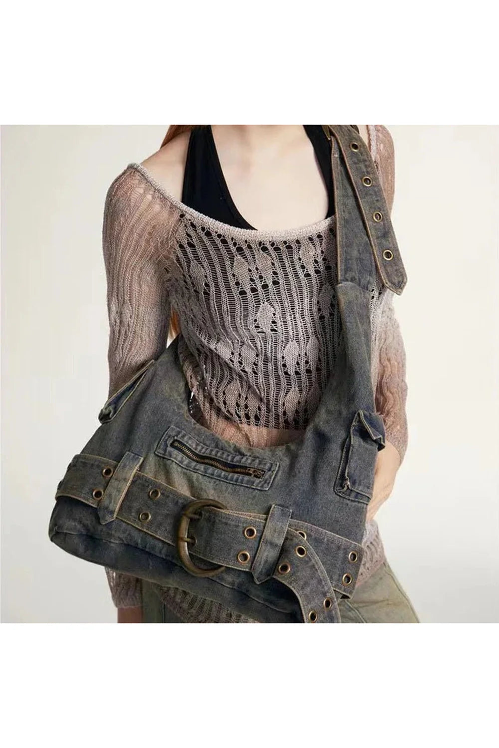 Washed Denim Buckle Shoulder Bag