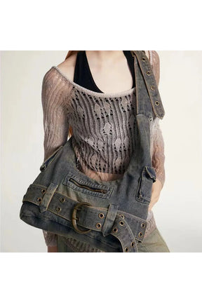 Washed Denim Buckle Shoulder Bag